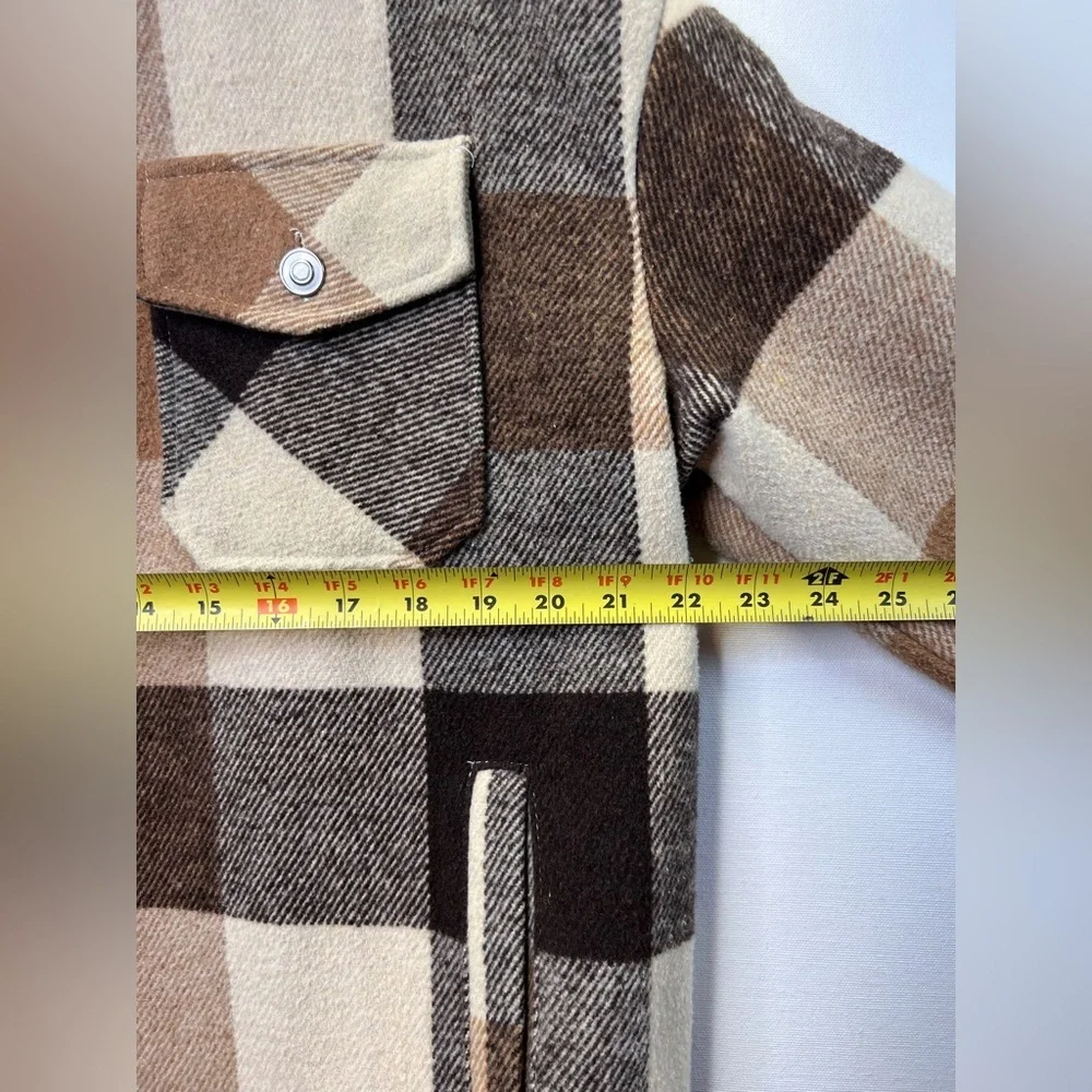 SHEIN flannel shirt jacket women’s size Large shacket neutral brown plaid casual